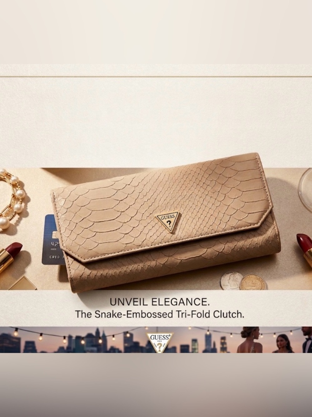GUESS Beige Snake-Embossed Clutch